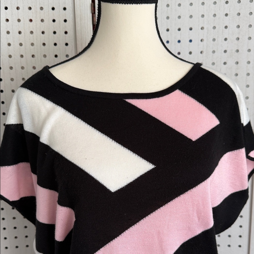 Pink Black Colorblock Stripe Knit Sweater Top Dolman Boatneck Soft Chic Medium - Picture 6 of 7